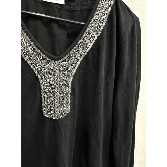 Chicos Black Long Sleeve Top With Silver Beaded V Neck Size Large - Picture 4 of 10